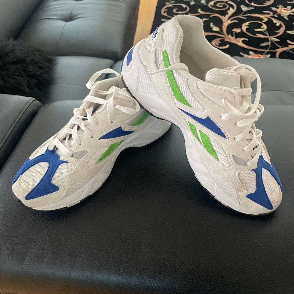 White Sneakers with Blue and Green Accents